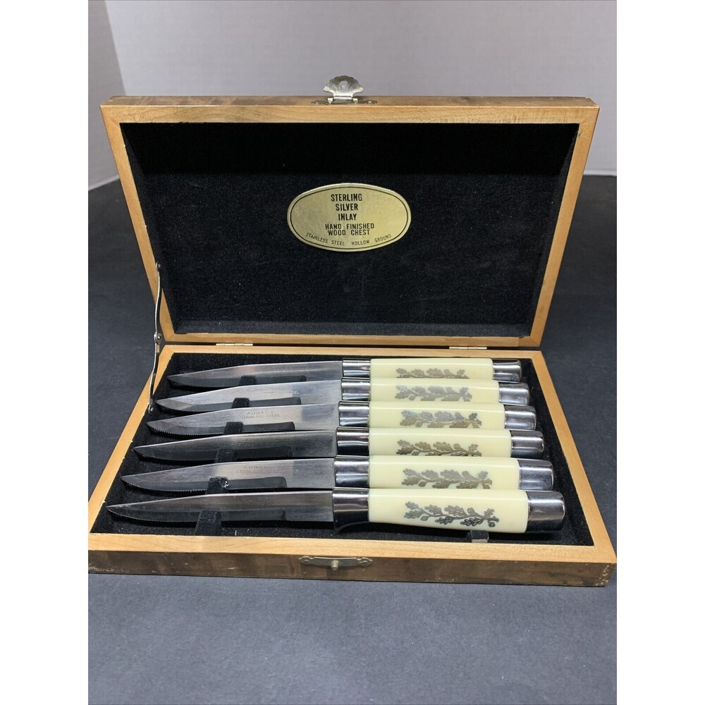 Vintage Arnart Sterling Silver Inlay Set Of 6 Steak Knives In Wood Chest